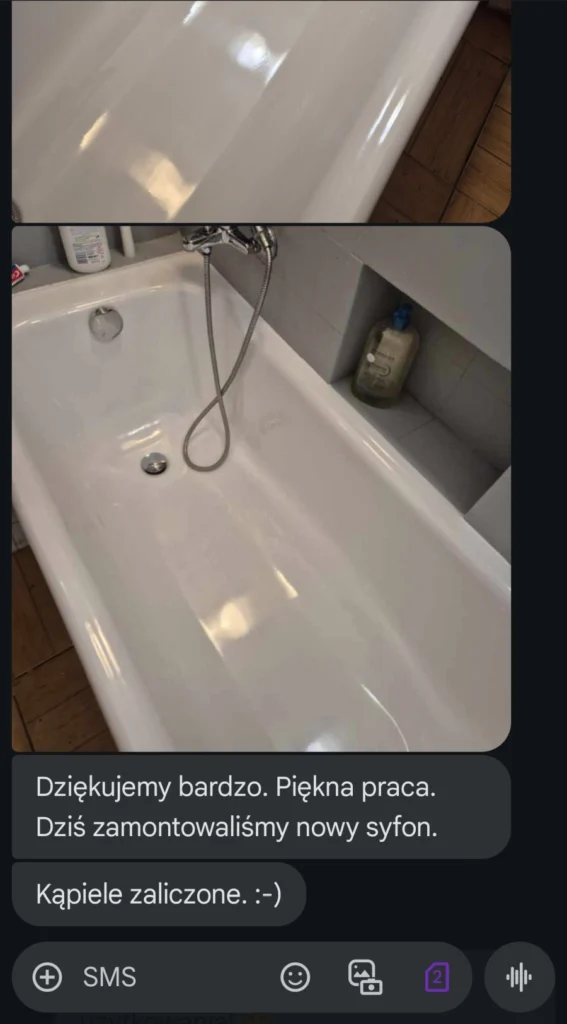 Połysk i głębia koloru po renowacji wanny metodą wylewaną - opinia klientki